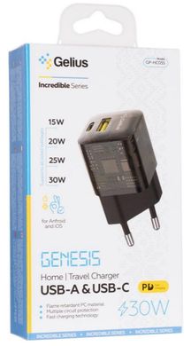 Зар.пр. 220V Gelius Genesis GP-HC055 USB+Type-C 30W GaN Trans. Black